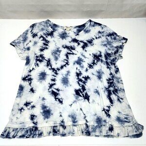 Style & Co Tie-Dye Short Sleeve T-Shirt With Ruffle Hem Women XL Blue White VGC